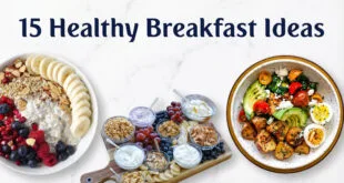 Healthy breakfast spread with oats, toast, yogurt, and fruit
