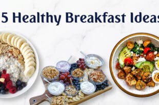Healthy breakfast spread with oats, toast, yogurt, and fruit