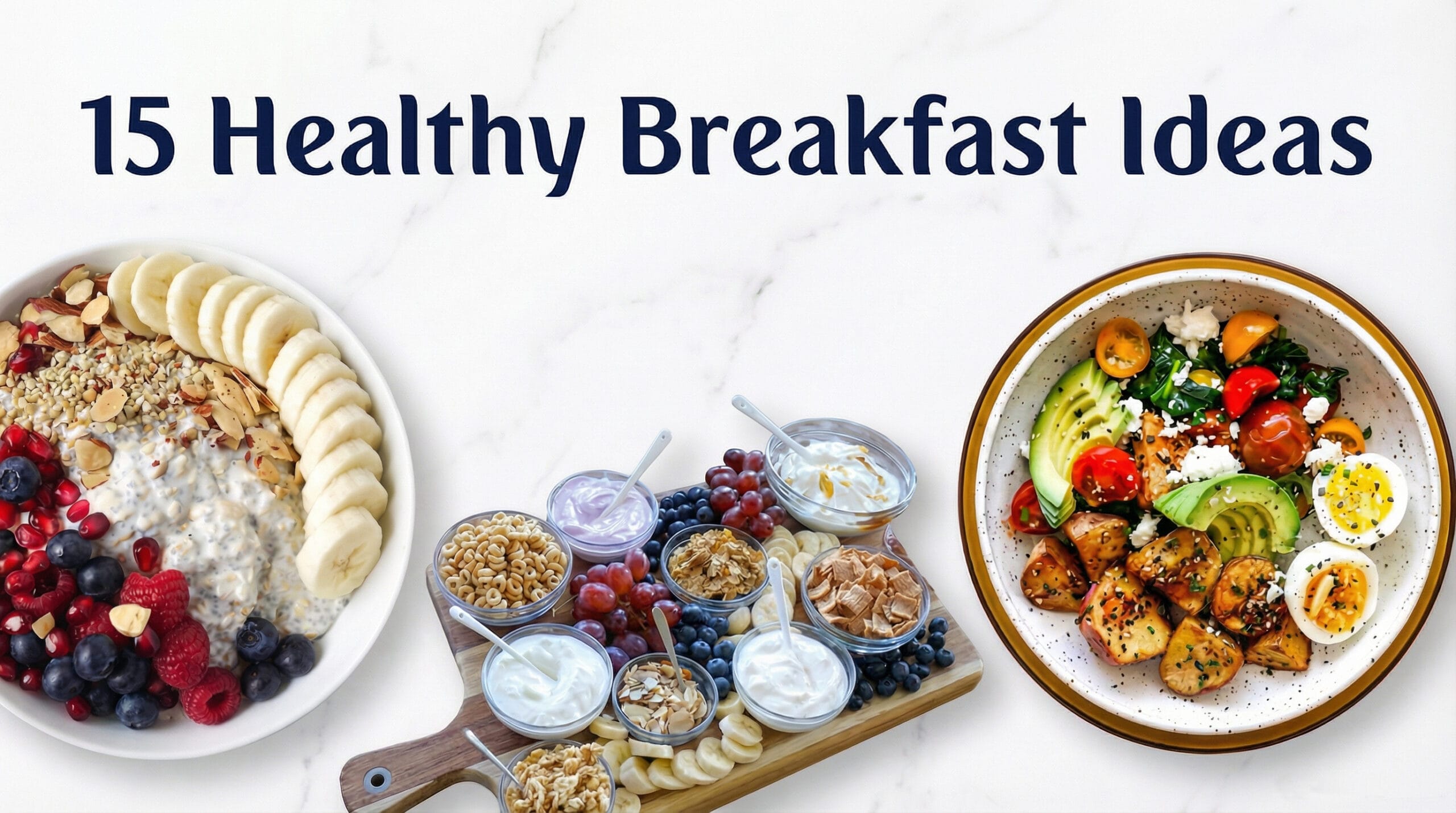 Healthy breakfast spread with oats, toast, yogurt, and fruit 15 Healthy Breakfast Ideas