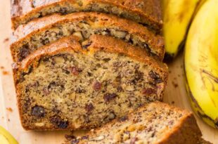 Moist homemade banana bread with golden crust and ripe banana flavor