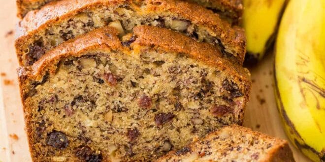 Moist homemade banana bread with golden crust and ripe banana flavor