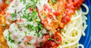 Chicken Parmesan Recipe with marinara sauce and melted mozzarella