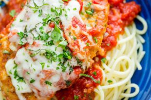 Chicken Parmesan Recipe with marinara sauce and melted mozzarella
