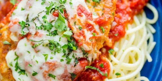 Chicken Parmesan Recipe with marinara sauce and melted mozzarella