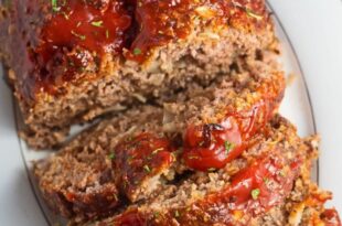 Homemade beef meatloaf made with oatmeal and onions
