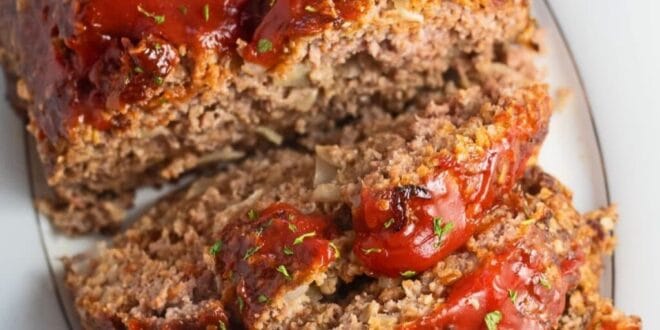 Homemade beef meatloaf made with oatmeal and onions