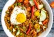 Spicy nasi goreng fried rice topped with fried egg