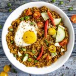 Spicy nasi goreng fried rice topped with fried egg