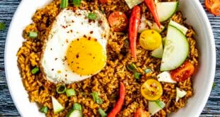 Spicy nasi goreng fried rice topped with fried egg