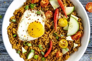 Spicy nasi goreng fried rice topped with fried egg
