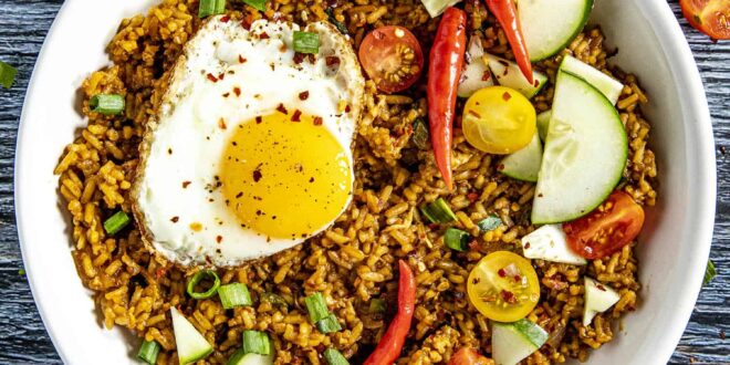 Spicy nasi goreng fried rice topped with fried egg