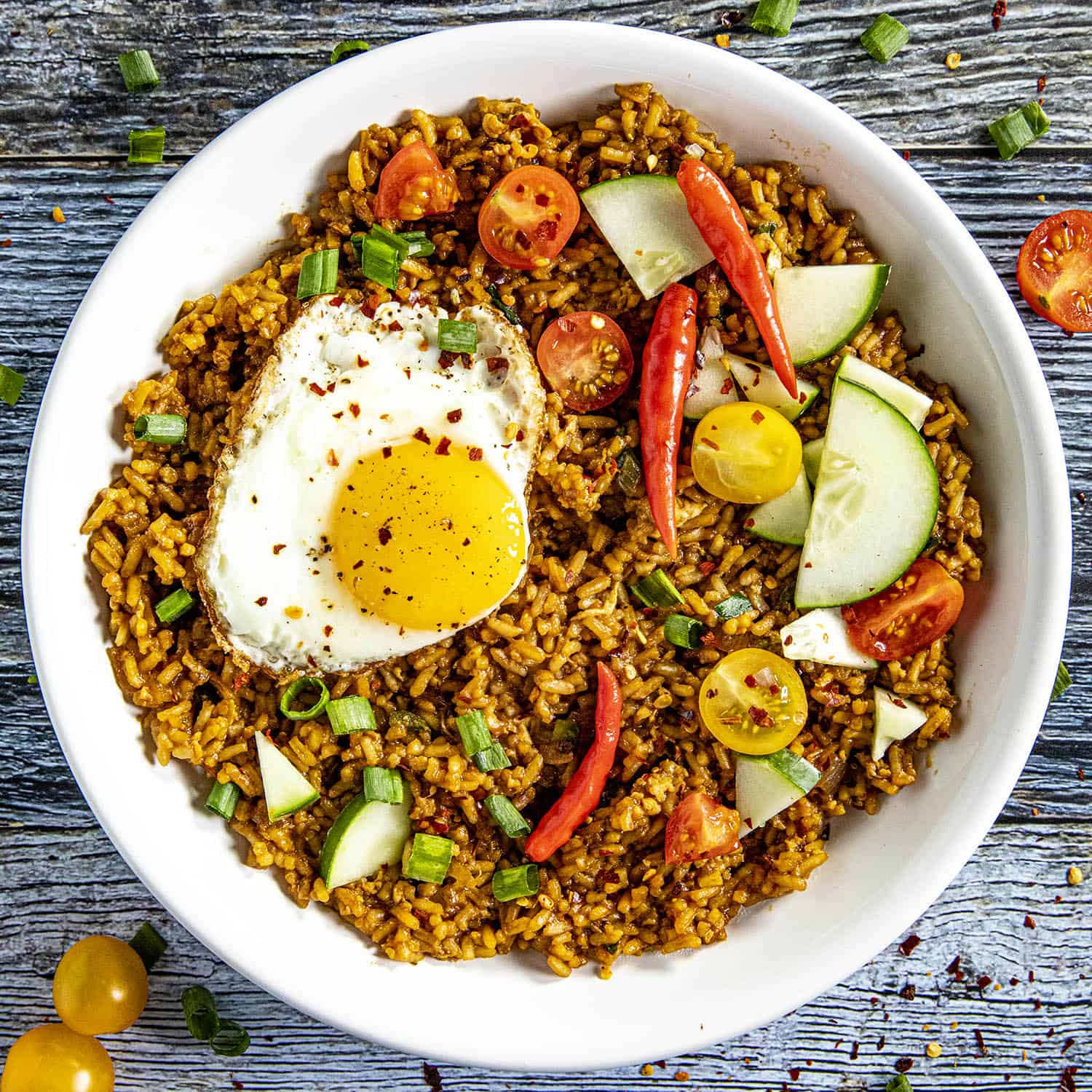 Spicy nasi goreng fried rice topped with fried egg