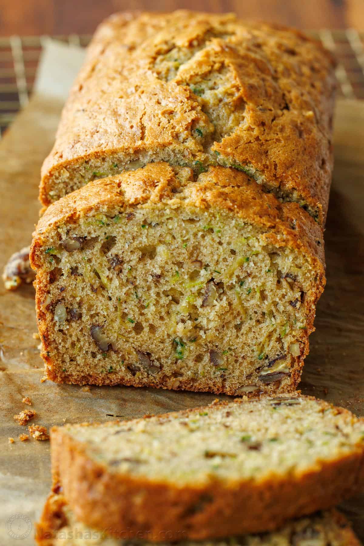 Moist zucchini bread recipe made with cinnamon and walnuts