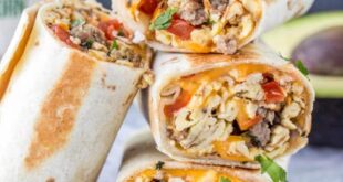 Breakfast burrito filled with eggs, potatoes, and cheese