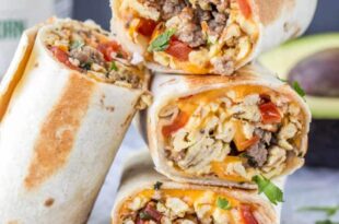 Breakfast burrito filled with eggs, potatoes, and cheese