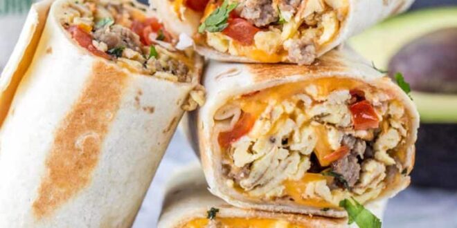 Breakfast burrito filled with eggs, potatoes, and cheese