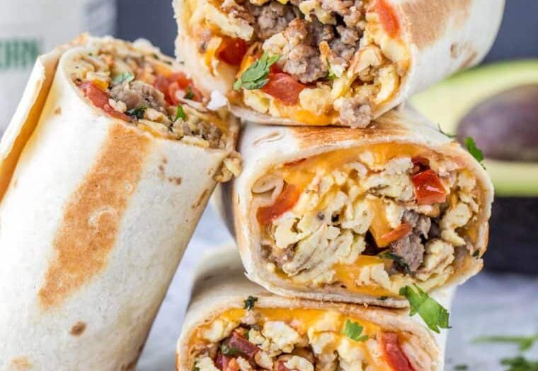 Breakfast burrito filled with eggs, potatoes, and cheese