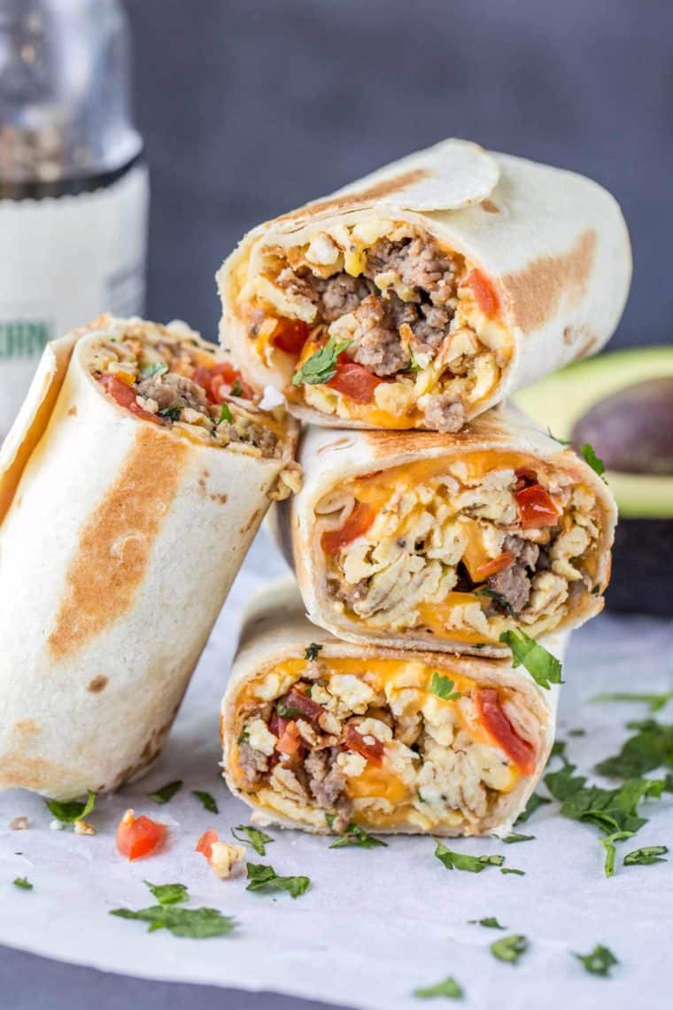 Breakfast burrito filled with eggs, potatoes, and cheese