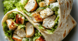 Easy Caesar salad wrap recipe with chicken, lettuce, and creamy dressing