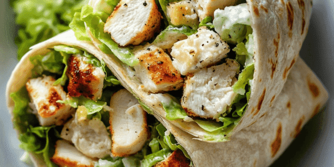 Easy Caesar salad wrap recipe with chicken, lettuce, and creamy dressing