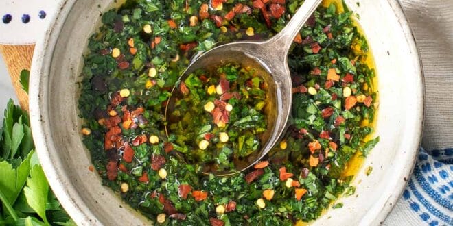 chimichurri recipe made with parsley, garlic, and olive oil