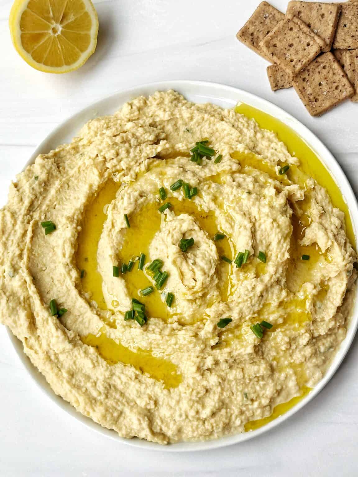 Easy hummus without tahini recipe made with chickpeas, lemon, and garlic