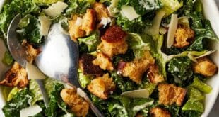 Healthy kale Caesar salad recipe with creamy dressing and parmesan