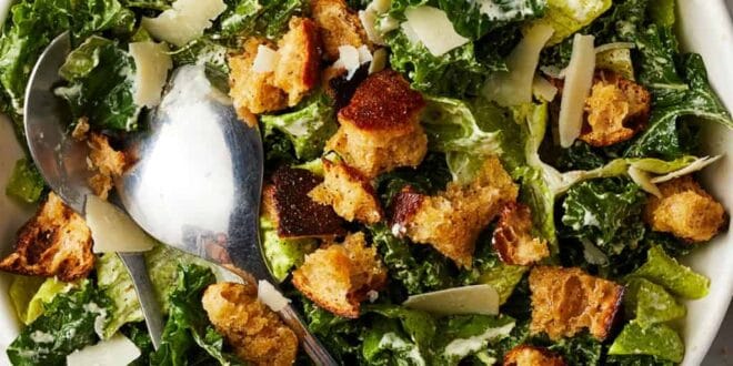 Healthy kale Caesar salad recipe with creamy dressing and parmesan
