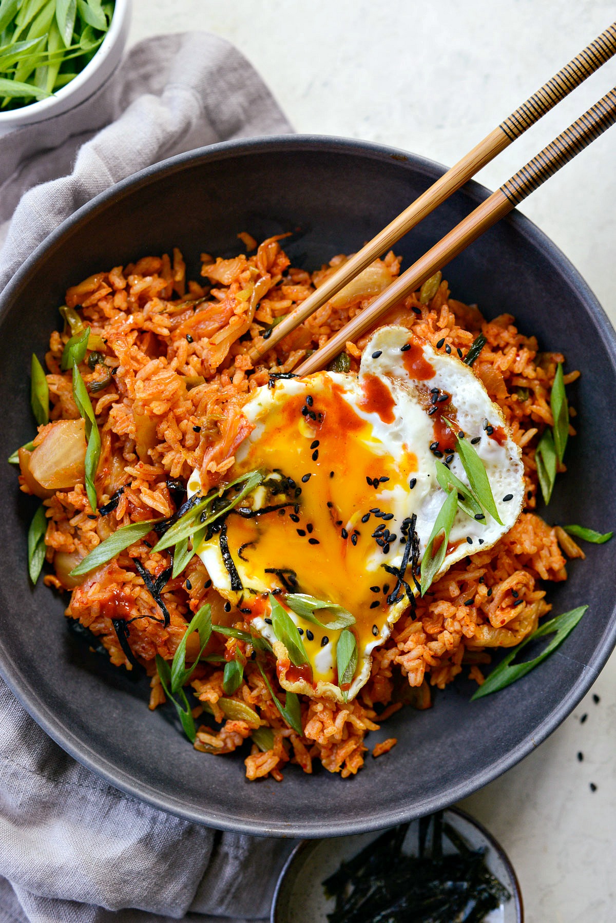 Spicy kimchi fried rice recipe with egg and green onions