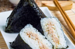 Japanese onigiri rice balls wrapped in seaweed with savory fillings