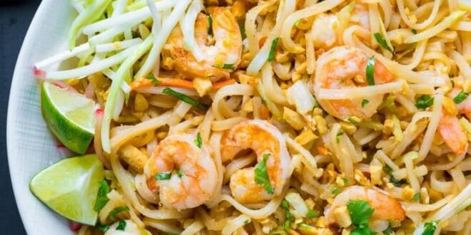 Authentic Pad Thai with shrimp, rice noodles, and crushed peanuts