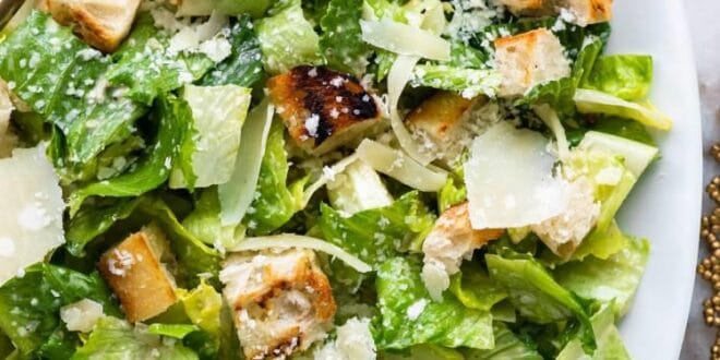 Caesar salad with romaine lettuce, parmesan cheese, and crispy croutons