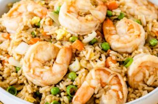 Easy shrimp fried rice recipe with vegetables and soy sauce