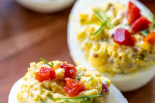 Southern deviled eggs recipe made with mayonnaise and mustard