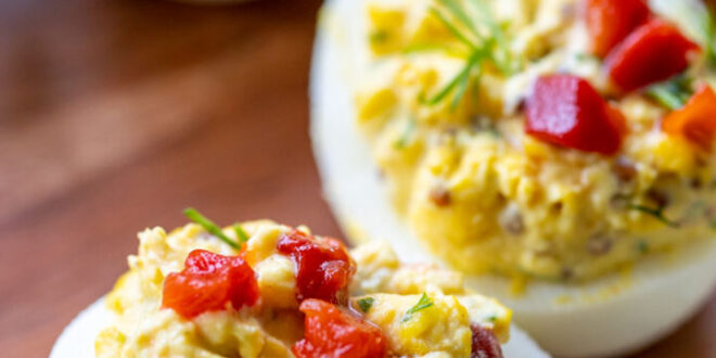 Southern deviled eggs recipe made with mayonnaise and mustard