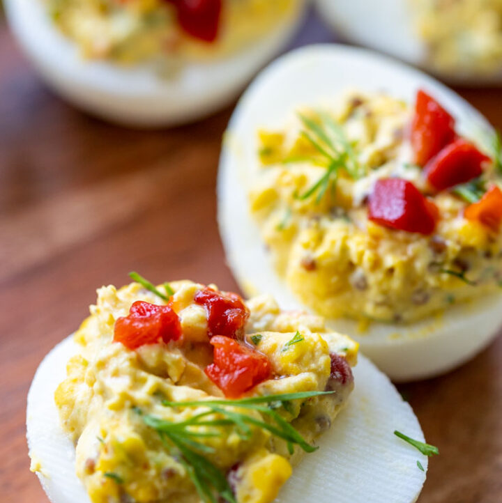 Southern deviled eggs recipe made with mayonnaise and mustard