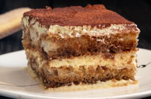 Delicious tiramisu dessert topped with cocoa and cream